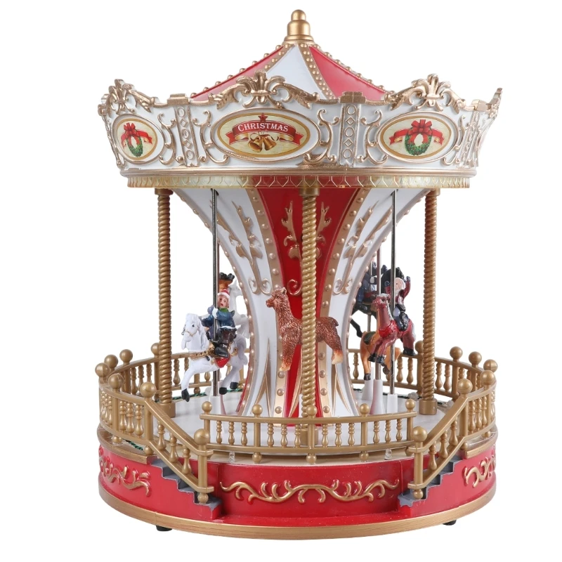 Festival Large Whirligig Horses Music Box Christmas Scene with Lighting Ornmanet