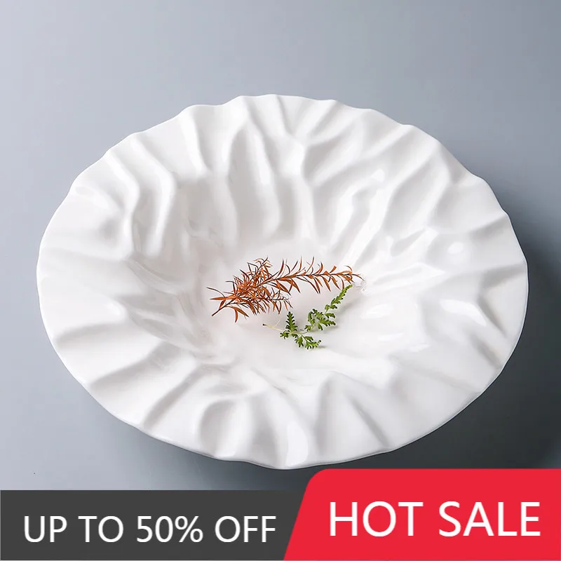 Western Ceramic Round Ruffled Patterned Dinner Plate Restaurant Tableware Home Dinner Pasta Salad Plate White Ceramic Dish Home