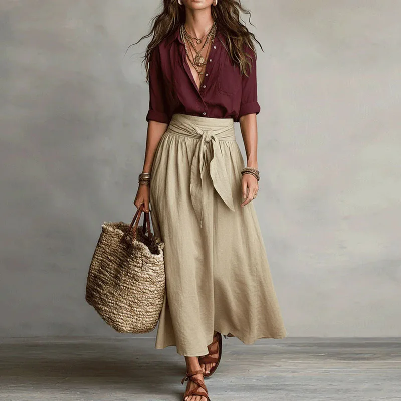 2026 Spring Summer Solid Women's Suit Casual Button Lapel Top T-shirt And Tie Waist Bowknot Skirt Sets Long Sleeve Office Outfit image 6
