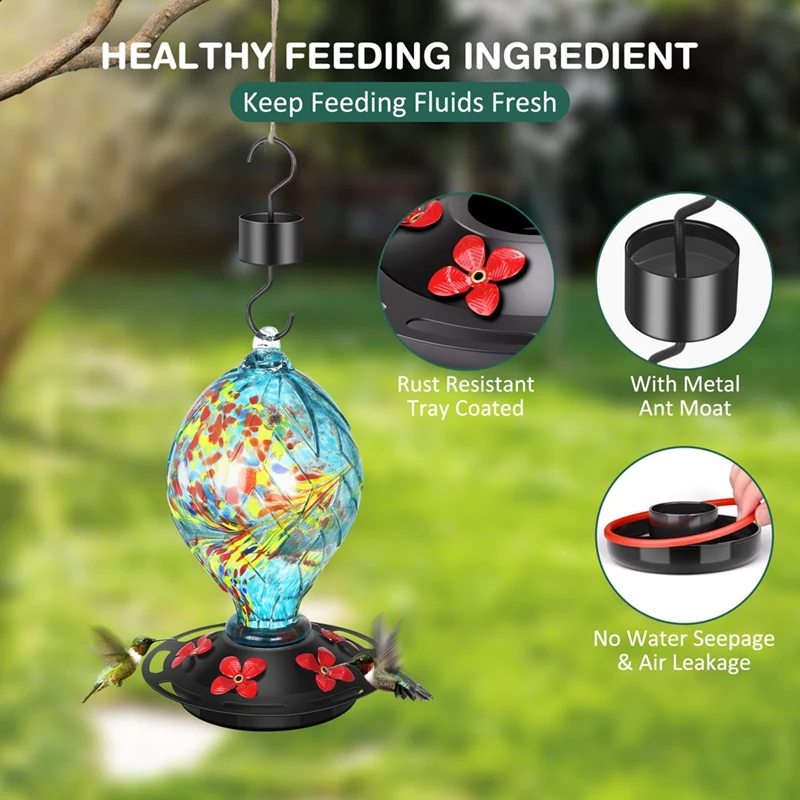 Bird Feeder with 5 Perches Hand Blown Glass Bird Feeders for Outdoors Hanging 30 Fuild Oz,C