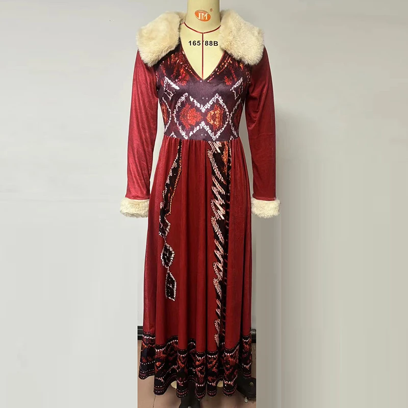 Women Chic Bohemian Fur Collar V-Neck Maxi Dresses Autumn Retro High Waist A-line Dress 2025 Loose Pattern Print Party Dress