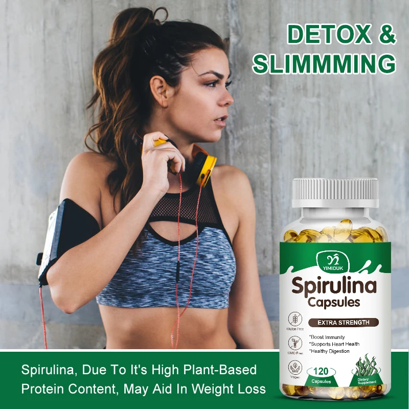 Spirulina Cápsulas para Saúde do Coração, Superalimento Verde, Suporte Detox, Magnésio, Estearato, Visão Ocular, Saúde do Cérebro