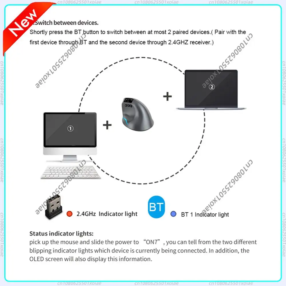 F-26C Wireless Gaming Mouse Ergonomic 3200DPI Desktop Upright Mouse 8 Buttons 2.4G Rechargeable for PC Laptop for Office Home