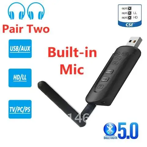 

CSR8675 AptX HD Low Latency Bluetooth 5.0 Audio Transmitter 3.5mm AUX USB Dongle Wireless Adapter & Mic for TV PC PS4 Headphones