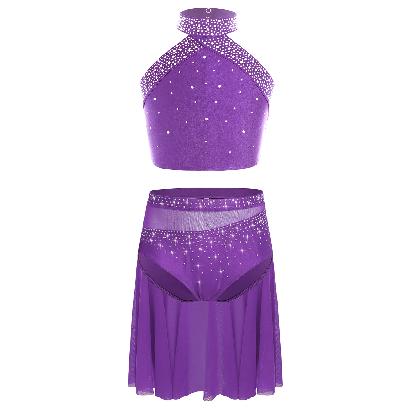 

Kids Girls Lyrical Dance Performance Outfit Halter Neck Sleeveless Backless Sparkly Rhinestones Crop Top+Sheer Mesh Skirt 2Pcs