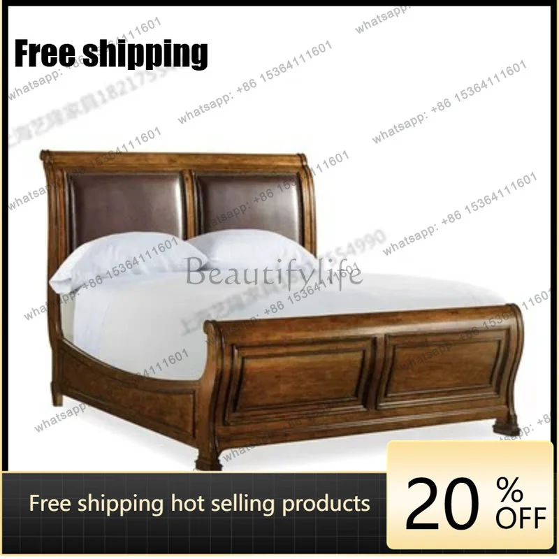 Zj. American country retro all solid wood leather soft bag backrest double bed high-end customizable