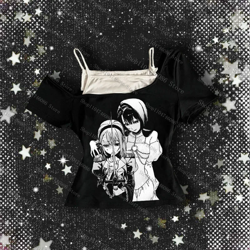 

Woman clothing Vintage Fake two sets Anime printing Harajuku Y2k Aesthetic Millenial Retro Halter Short Sleeve T-shirts Grunge