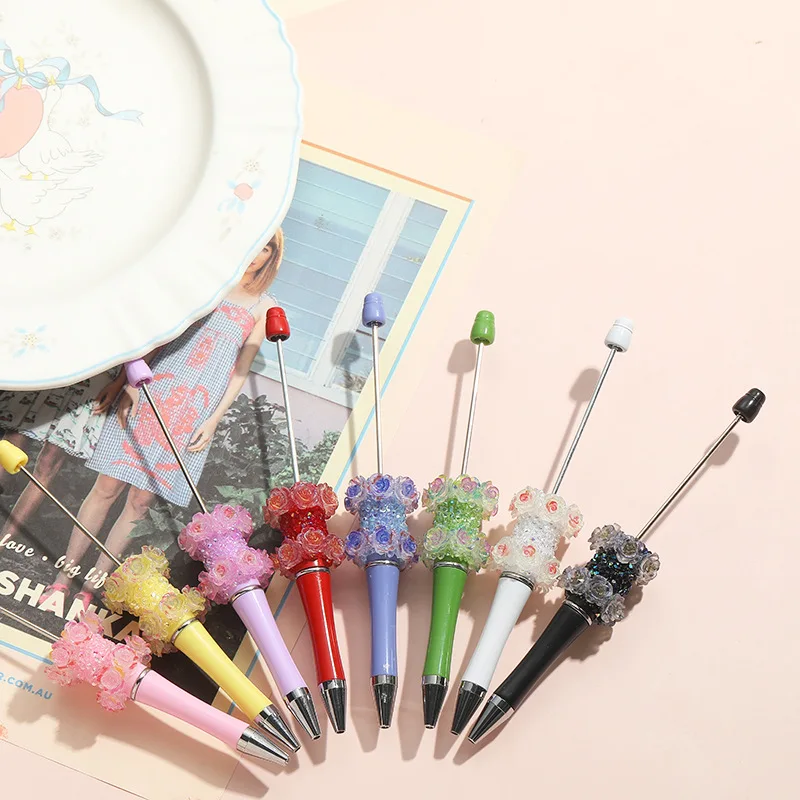 

50pcs Decorative Rose Beaded Pen Pearl Aurora Colored Ballpoint Pens Rhinestone Pens for Writing School Office Stationery