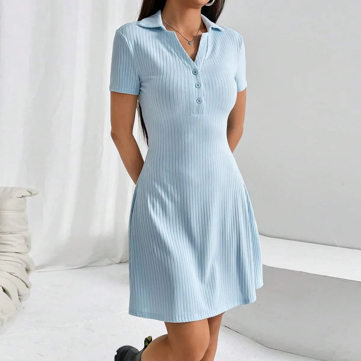 Vestido Casual E y Ajustado con Botones, Ropa de Dormir, Vestido de Verano de Poliéster con Cuello  y Falda en Lín...