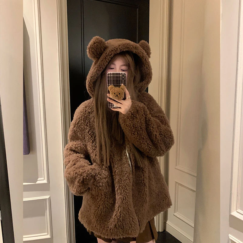 Zimní bundy s kapucí a medvědím uchem, dámské bundy 2024, chlupaté streetwear, tlusté svrchní oblečení, ležérní módní zip, kabáty Y2k - náhled 6