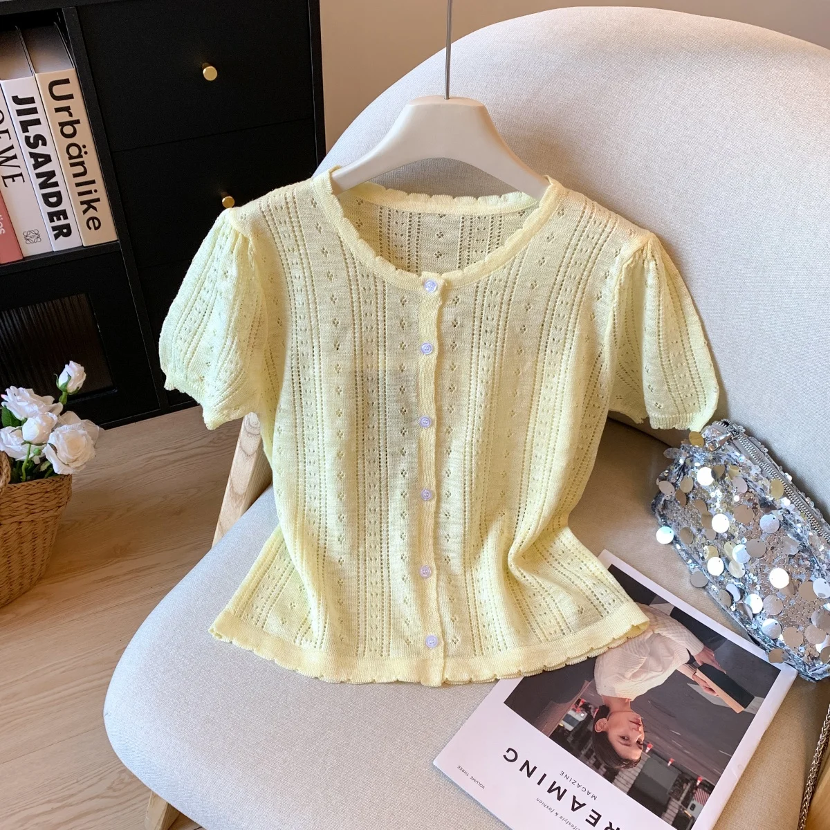 

ort Sve T-irt Open Cardigan Knitted Linen Ice Silk Hollow out Trim Women's Faion Yellow Top Thin Summer Korean Sle