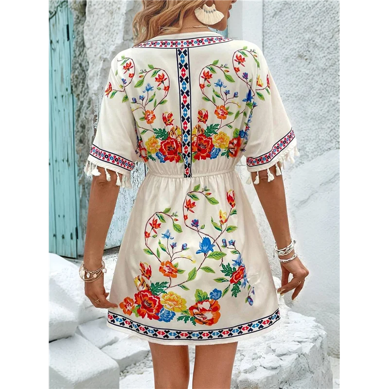 【SEE】Abito messicano ricamato da festa per donna Abiti boho estivi a maniche corte taglie forti con tasca