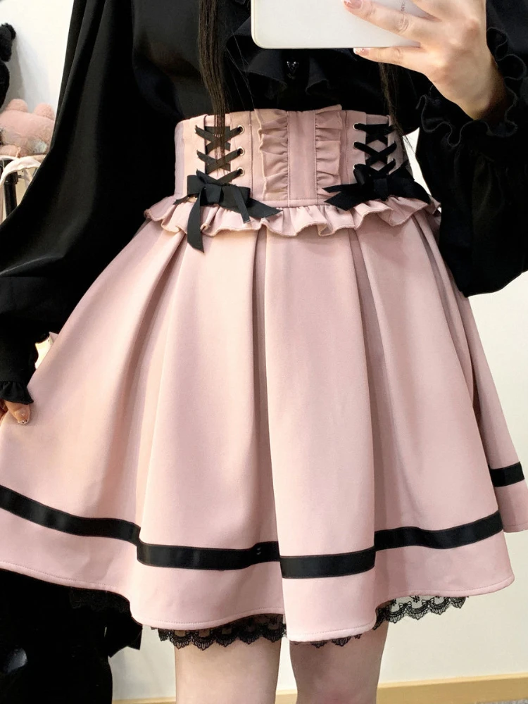 

Black Blue Lolita Y2k Ribbon Skirt Women Lace Japanese Cute Party Mini Skirt Female A-line High Street Designer Puffy Skirt 2024