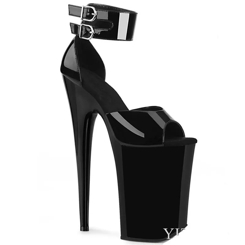 Summer 9 inch ultra high heel model shoes, black slim heel strap buckle, 23 cm sexy stage show banquet nightclub sandals