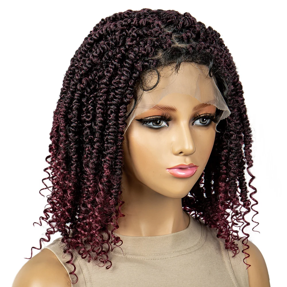 

Twisted Knotless Box Braided Wigs Short Bob Braided Wigs Synthetic 9x6 Lace Braids Wigs with Curly Ends Handmade Braided Wigs