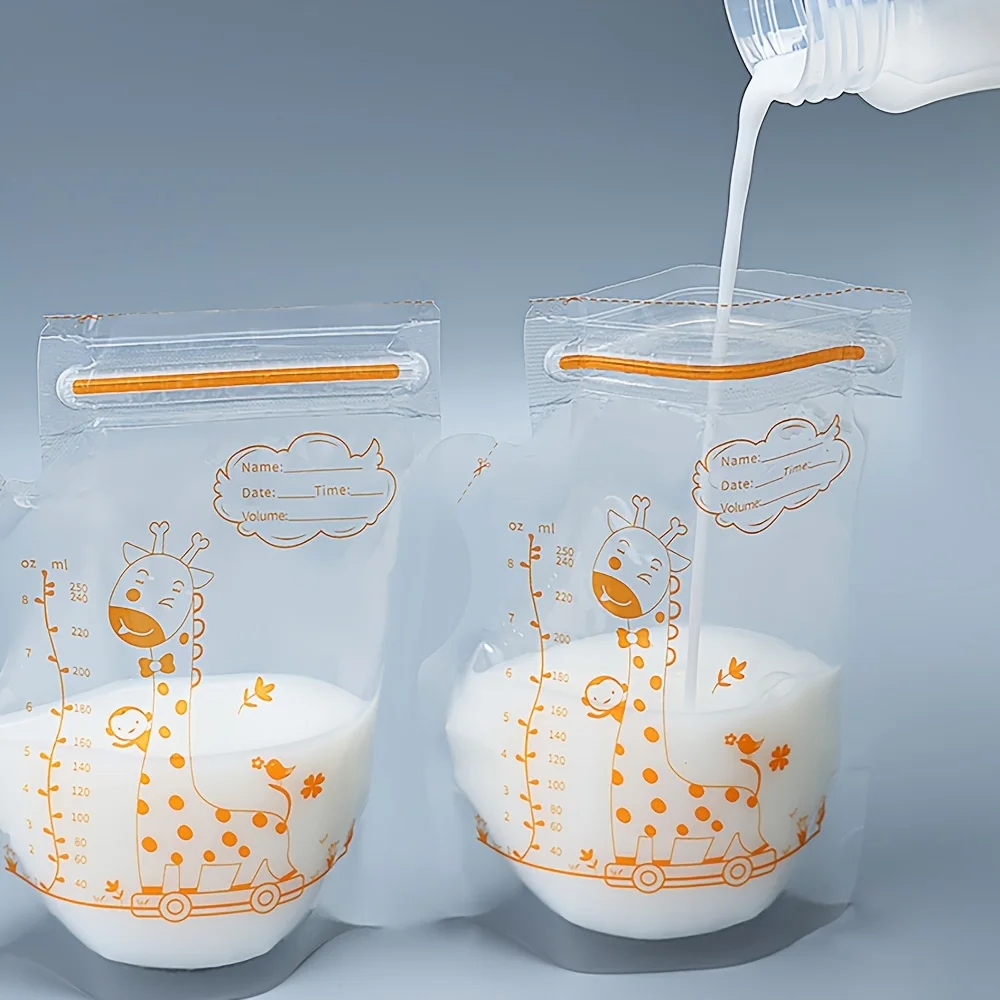 30/60PCS Giraffe-Themed 250ml Milk Storage Bags with Spout, Double Seal for Breast Milk Freezer Storage,