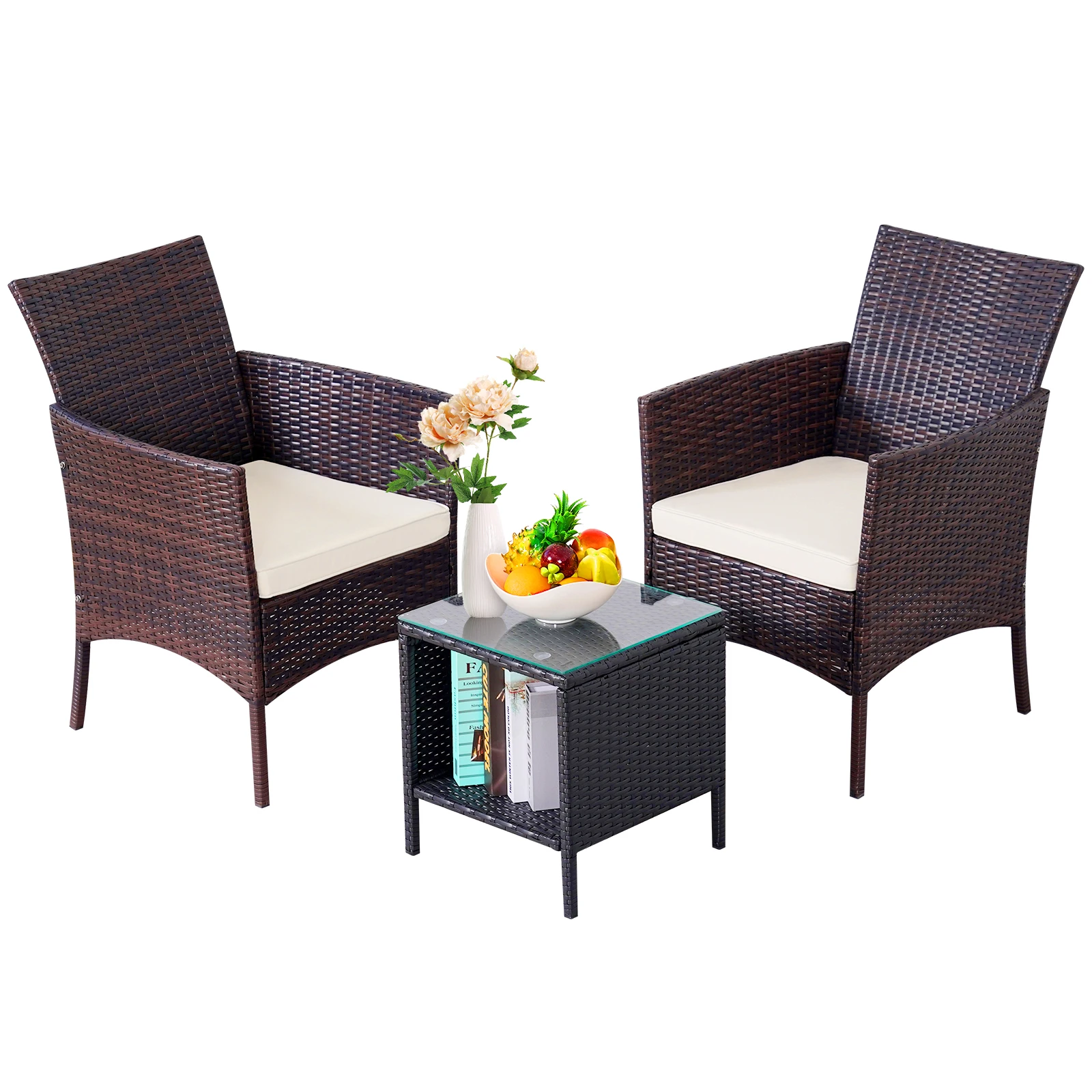 

NAGA BAHNA 3-Piece Bistro Set Outdoor Patio Furniture Rattan Chairs Table Soft Cmats Tempered Glass Durable Comfortable Garden