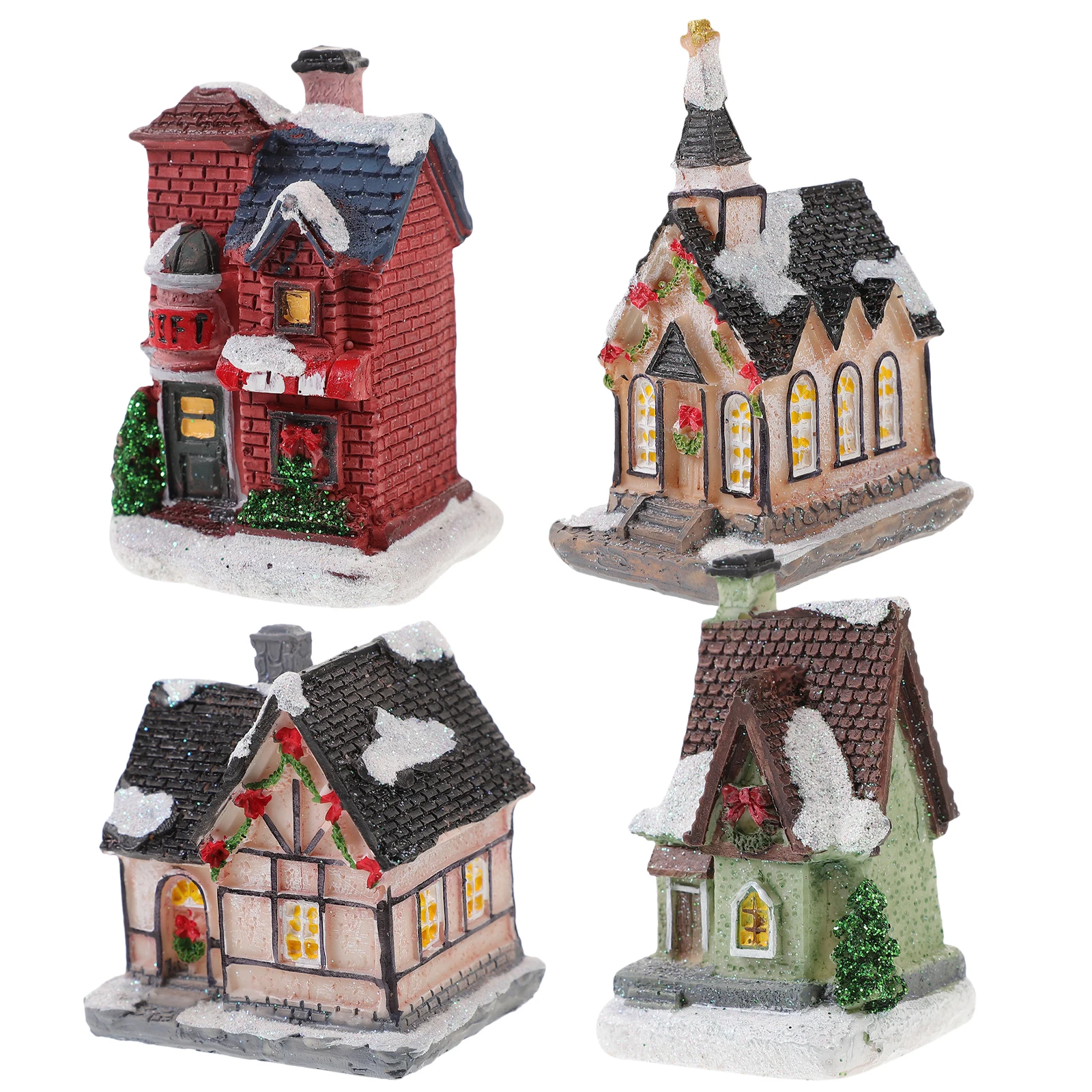 

4Pcs Luminous Small House Christmas Decor Colorful Resin Ornaments Random Style Creative Festive Decoration