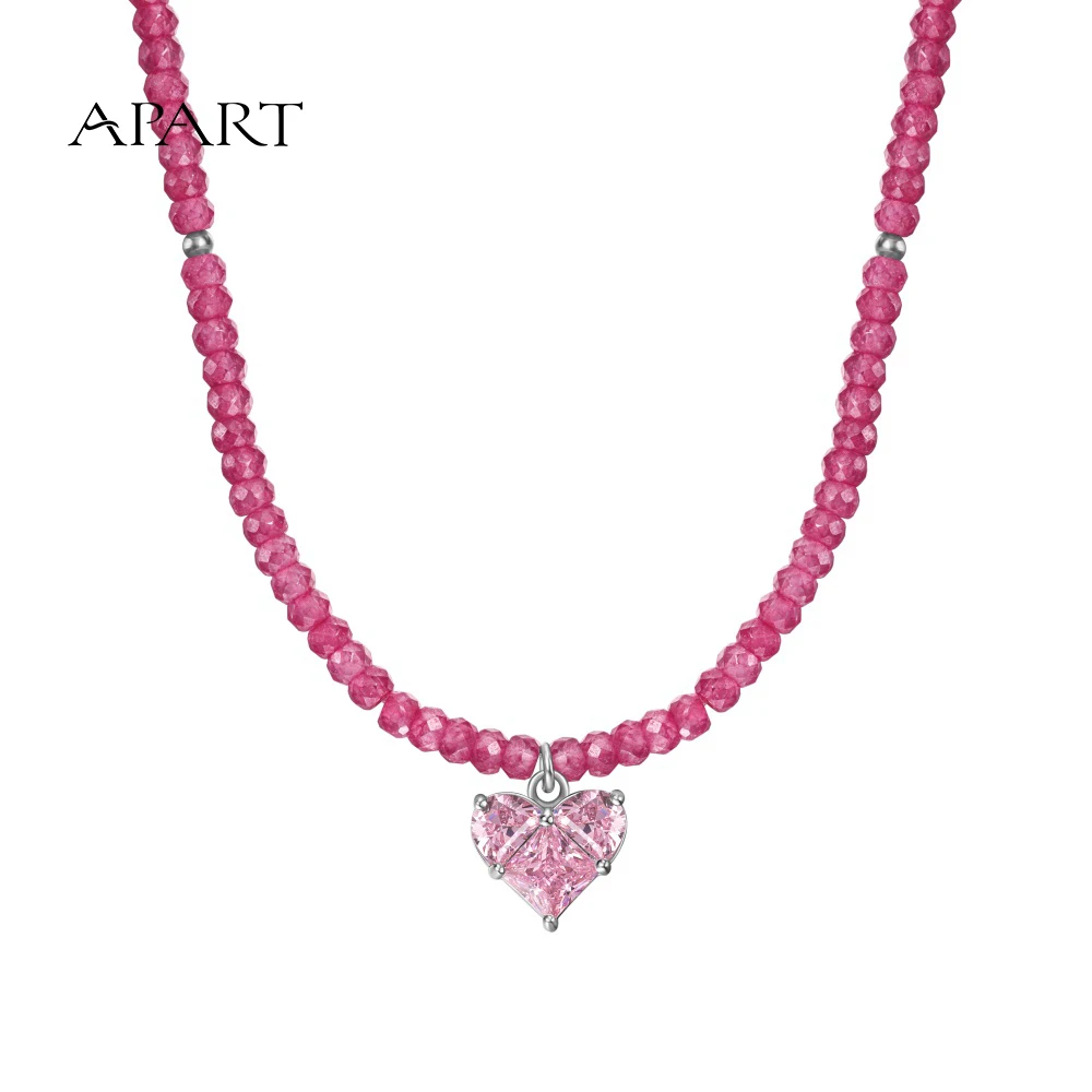 

APART sweet girl dress up jewelry s925 silver beads chain shape sparkle pink summer travel zirconia pendant necklaces Girl Daily