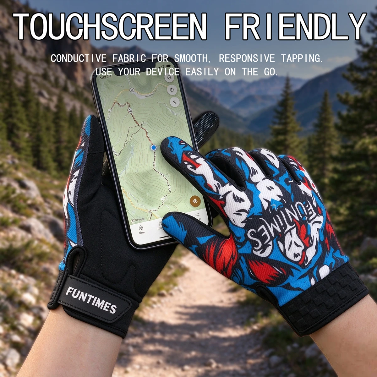 FUNTIMES Graffiti skull print full finger touchscreen gloves for men and women breathable mountain bike motorcycle riding gloves