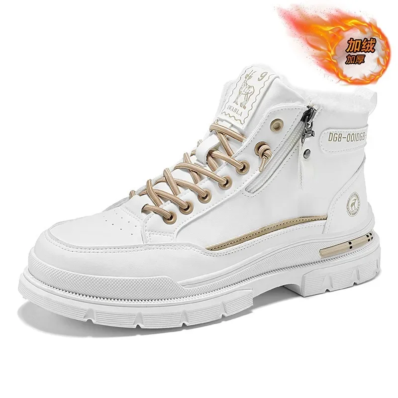 Winter Mens Warm Ankle Boots Fashion Versatile White Leather Shoes Outdoor Non-slip Sneakers for Man Motocycle Snows Boots Botas