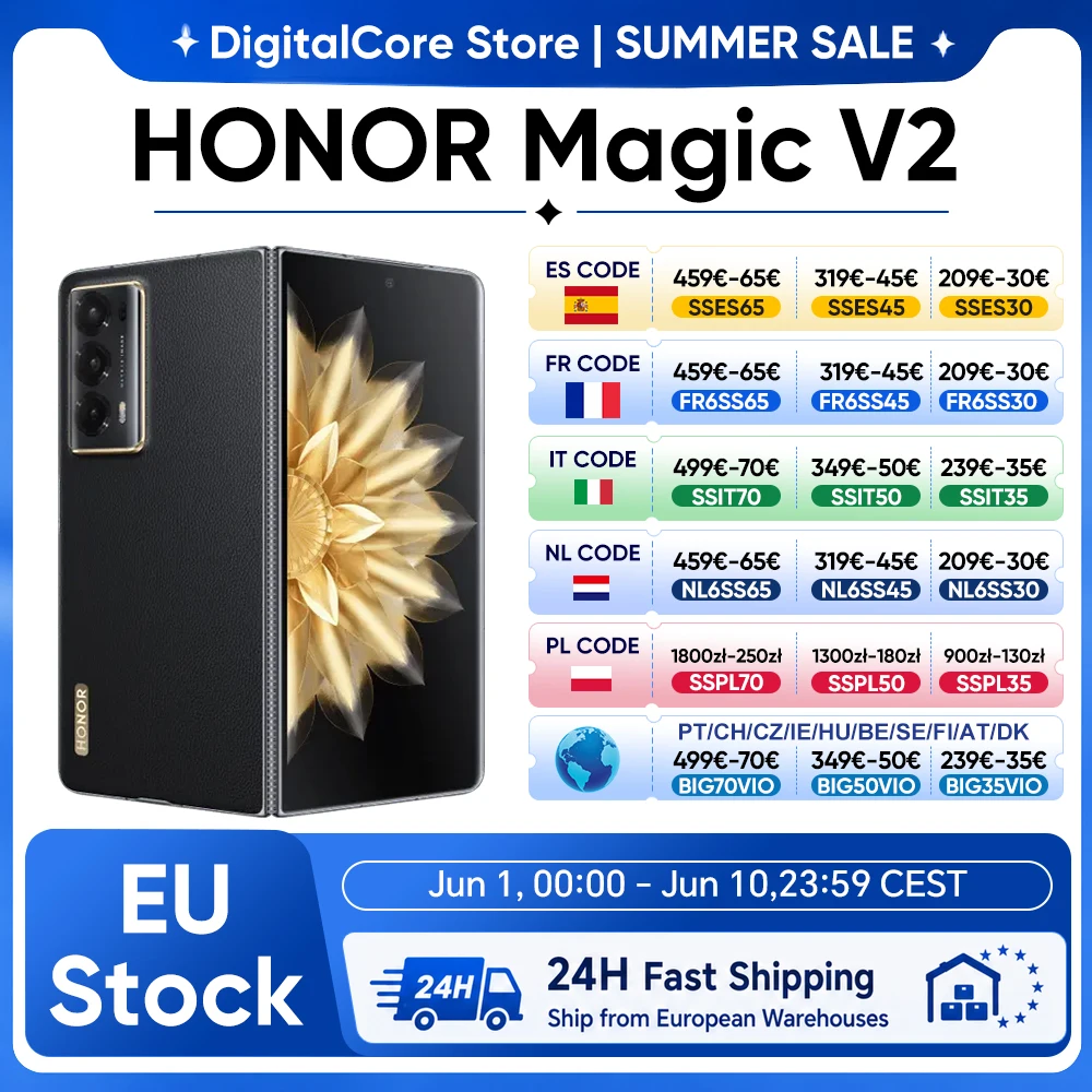 Smartphone pliable Honor Magic V2 version globale 5G, Snapdragon 8 Gen2, écran OLED LTPO 120 Hz, triple appareil photo 50 MP, Android