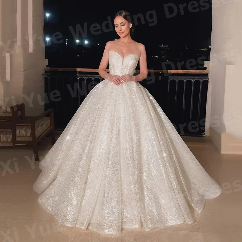 Luxurious A Line Women's Sweetheart Sparkling Wedding Dresses Vestido De Novia Sleeveless Bride Gowns Customized Robe De Mariée