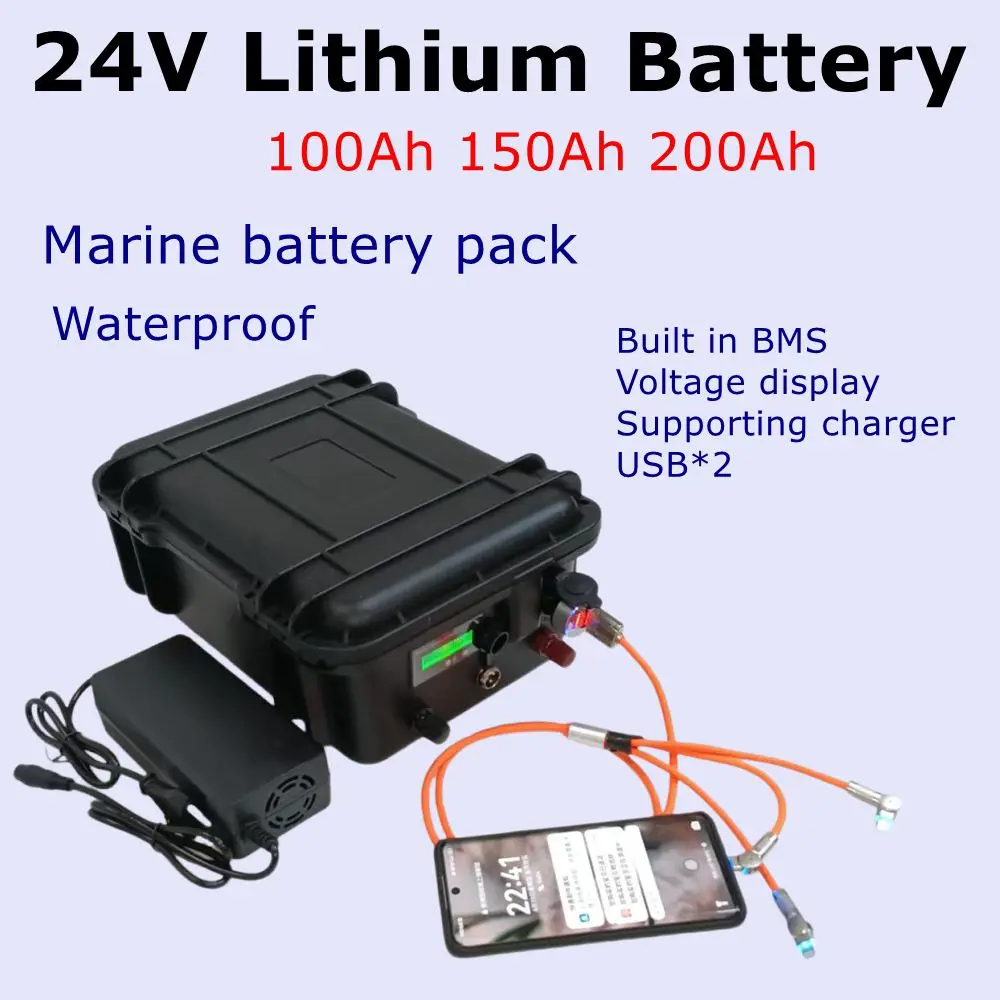 

CZ-waterproof Rechargeable 24V 100Ah 150ah 200ah Lithium ion Battery for 86 pounds Trolling Motor Boat Propeller+10A Charger.