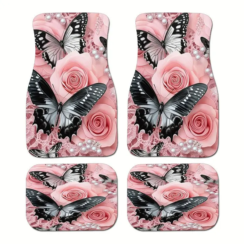 4pcs Elegant Pink Black Rose Butterfly Car Floor Mats Set Soft Pastel Pink Golden Interior Decor Ideal Car Accessories Gift