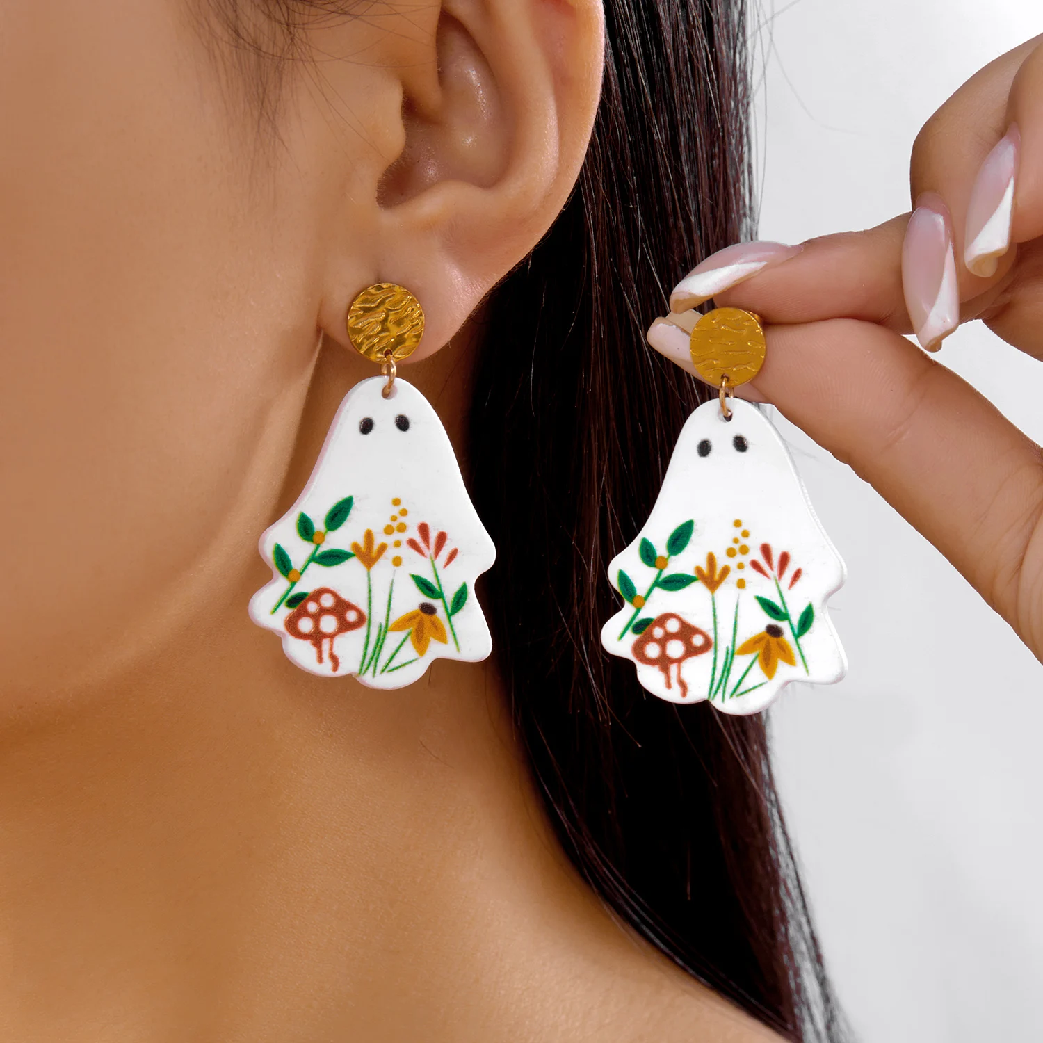 Punk Halloween Geist Ohrringe für Frauen Acryl Cartoon Blume Tropfen Baumeln Ohrring Nette Weiße Geist Urlaub Schmuck Geschenke – Detail 7