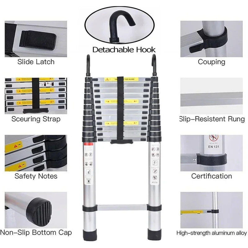 Telescoping Ladder 16FT Extension Ladder with 2 Roof Ladder Hooks, Collapsible Ladders Home, Locking Mechanism, Aluminum Tel