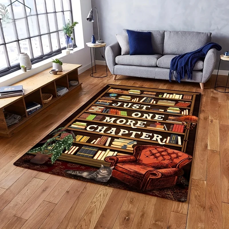 Just One More Chapter Bookshelf Cat Reading Nook Large Area Rug,Book Lover Bibliophile Quote Non-slip Rug for Library Study Room