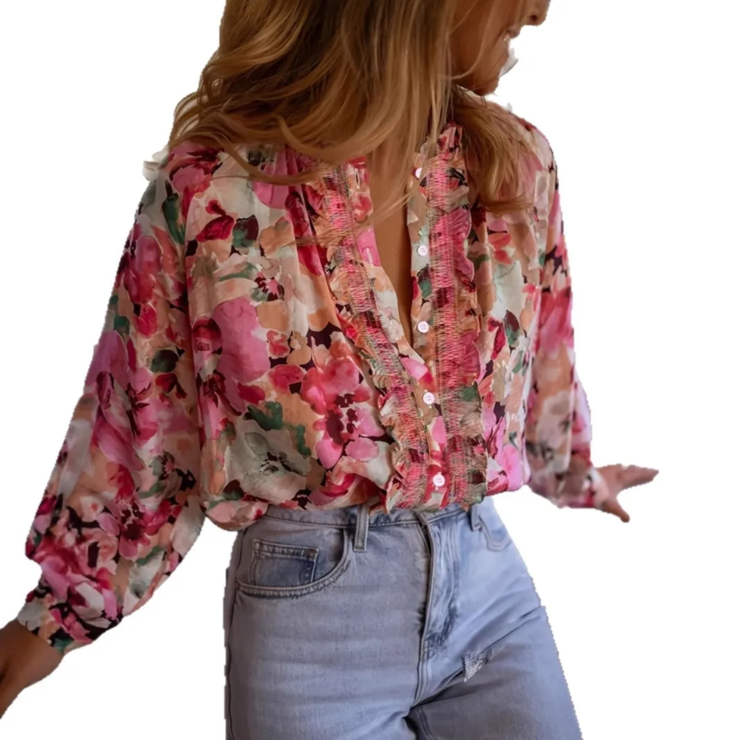 2025 New Fashion Printed Button-Down Shirts Women Summer Casual Loose Lace Round Neck Long Sleeve Home Tops For Women