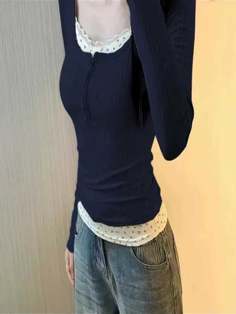 2025 الأزهار المرقعة كم طويل الدانتيل سترة بلوفر مغزول المرأة سليم صالح سترة الكورية نمط الخريف ملابس شتوية متماسكة القمم