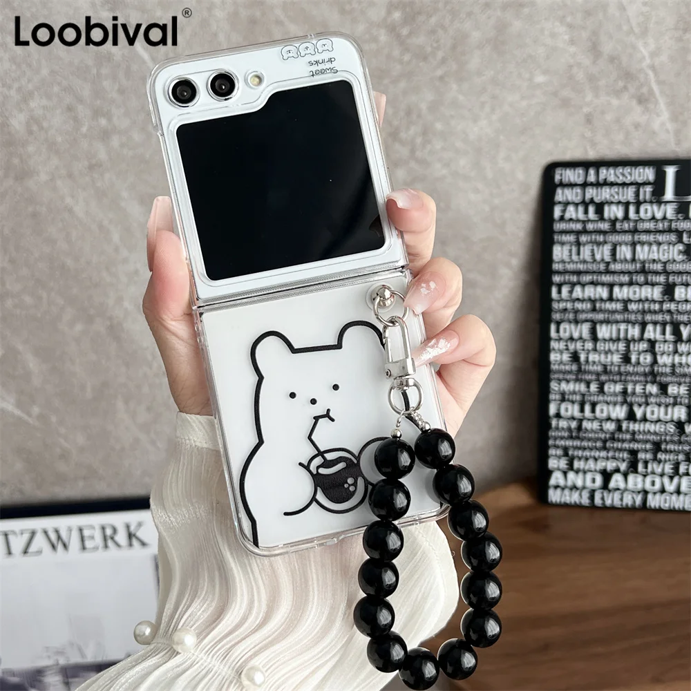 Drinking Milk Tea Cartoon Bear Acrylic Case for Samsung Z Flip3 Flip4 Z Flip5 5g Z Flip 5 4 3 Black Pearl Bracelet Clear Cover