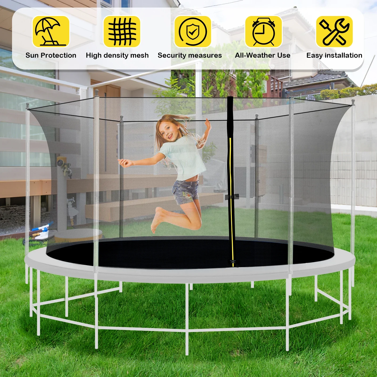 8/10/12Inch Trampoline Safety Net High Density Safety Enclosure Net with Zip & Buckle Fall Prevention Trampoline Replacement Net