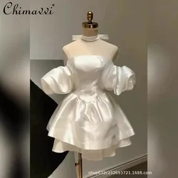 White Sexy Off-the-Shoulder Dress Women's High-end French Sweet High Waist Slimming Elegant Girl Party Birthday Formal Dress