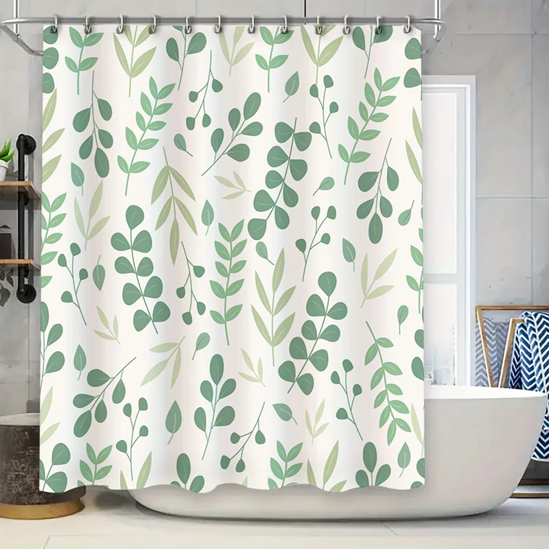 

Занавеска для душа с зеленым листом, современный водонепроницаемый набор для декора ванной комнаты для украшения дома, светло-зеленый, белый цветочный принт, размер 72x84 i