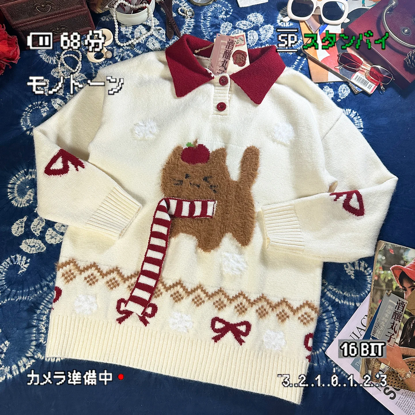 Autumn Winter New Retro College Style Men's Christmas Cat Embroidered Apricot Sweater Couple Red Casual Cute Knitted Sweater