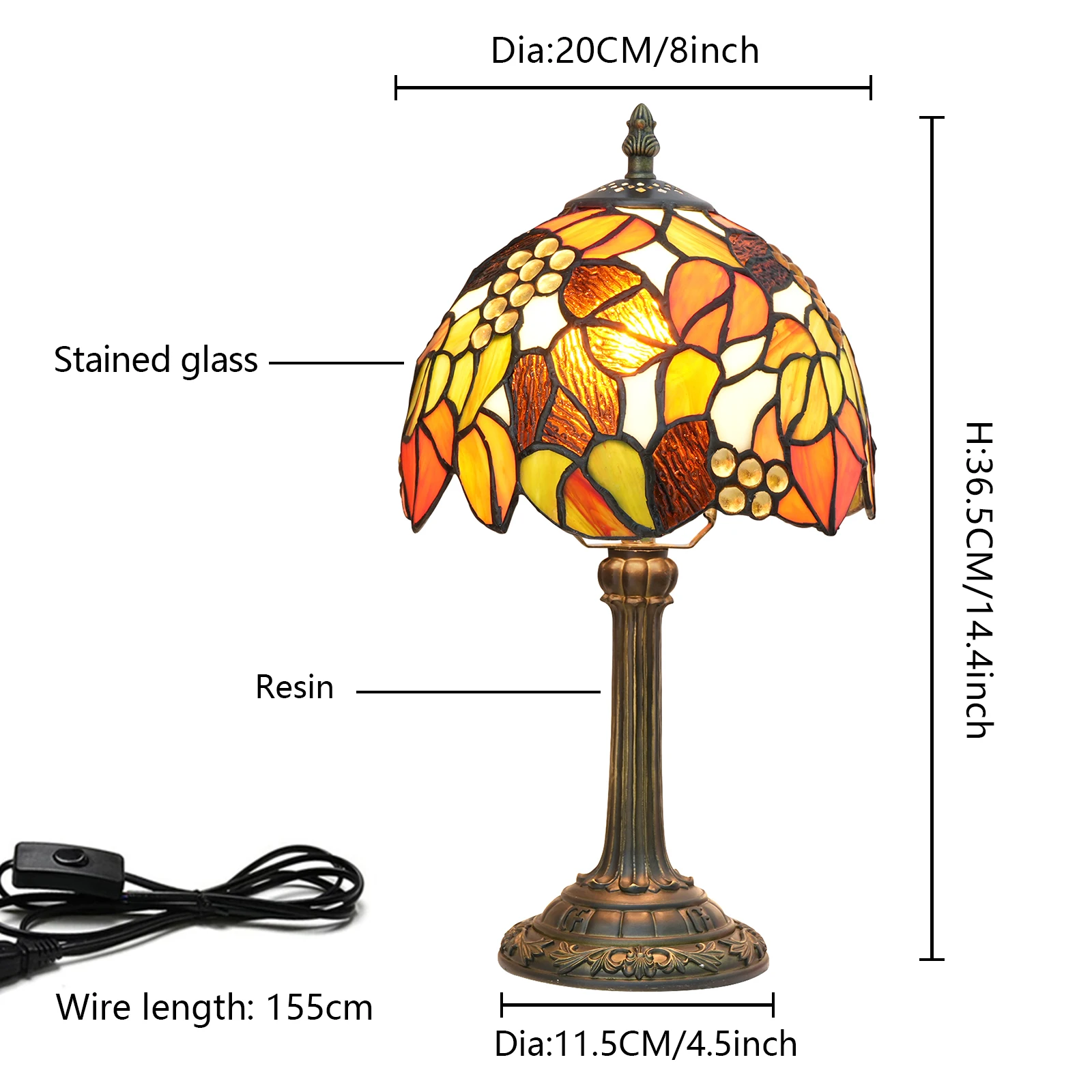 Stained Glass Table Lamp, Antique Maple Leaf Grape Style Reading Light for Bedroom, Living Room and Office Decor Lampara