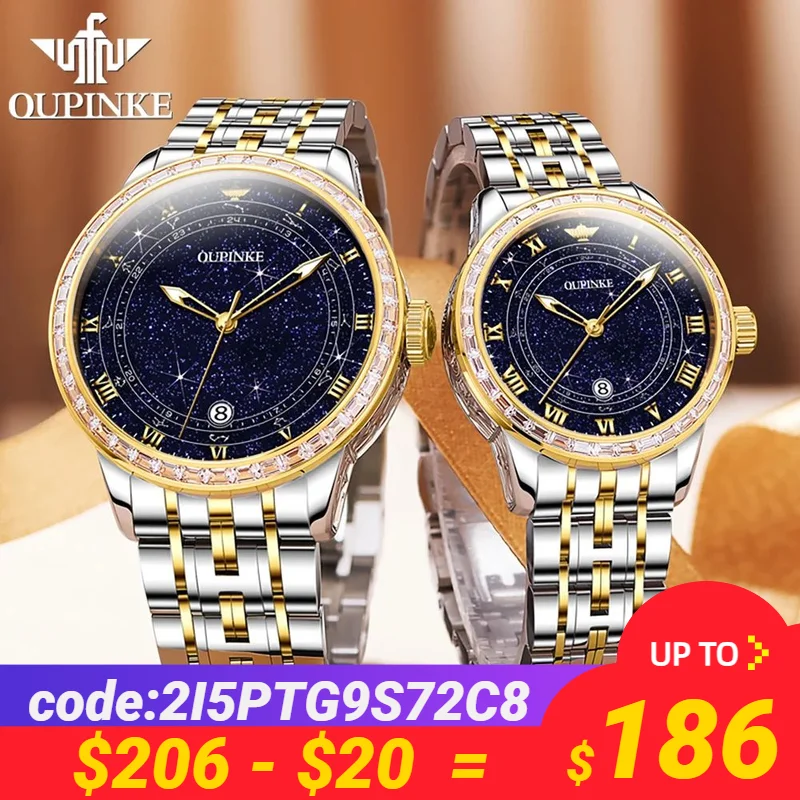 

OUPINKE Original Mechanical Couple Watches Swiss Certification Wristwatch Starry Sky Diamond Dial Lover's Watches for Men Women