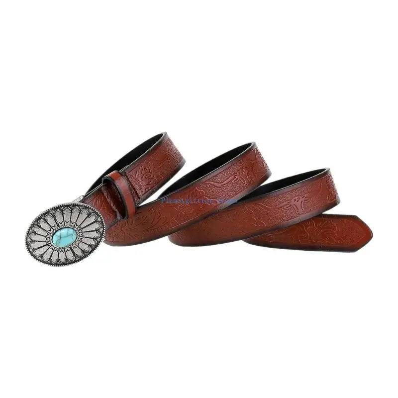 

652B Casual Embossed Pattern PU Belt for Women Bohemian Turquoises Buckle Belts Waistband Elegant Belt for Girl Jeans Belt