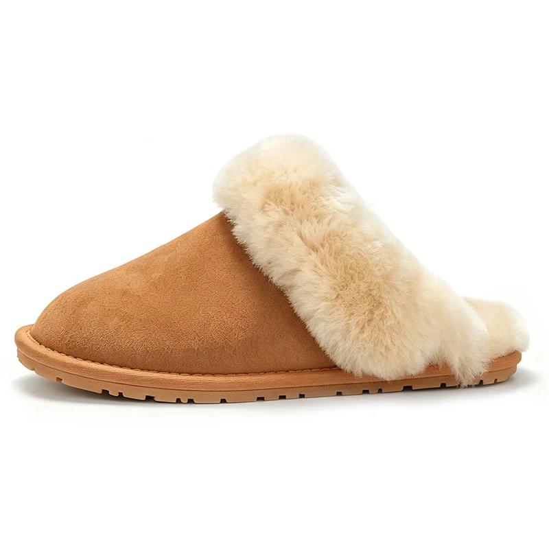 Women Winter Cow Suede Natural Fur Slippers Warm Wool Lined House Shoes Non‑Slip Flat Indoor Outdoor Home Slippers Mujer Zapatos