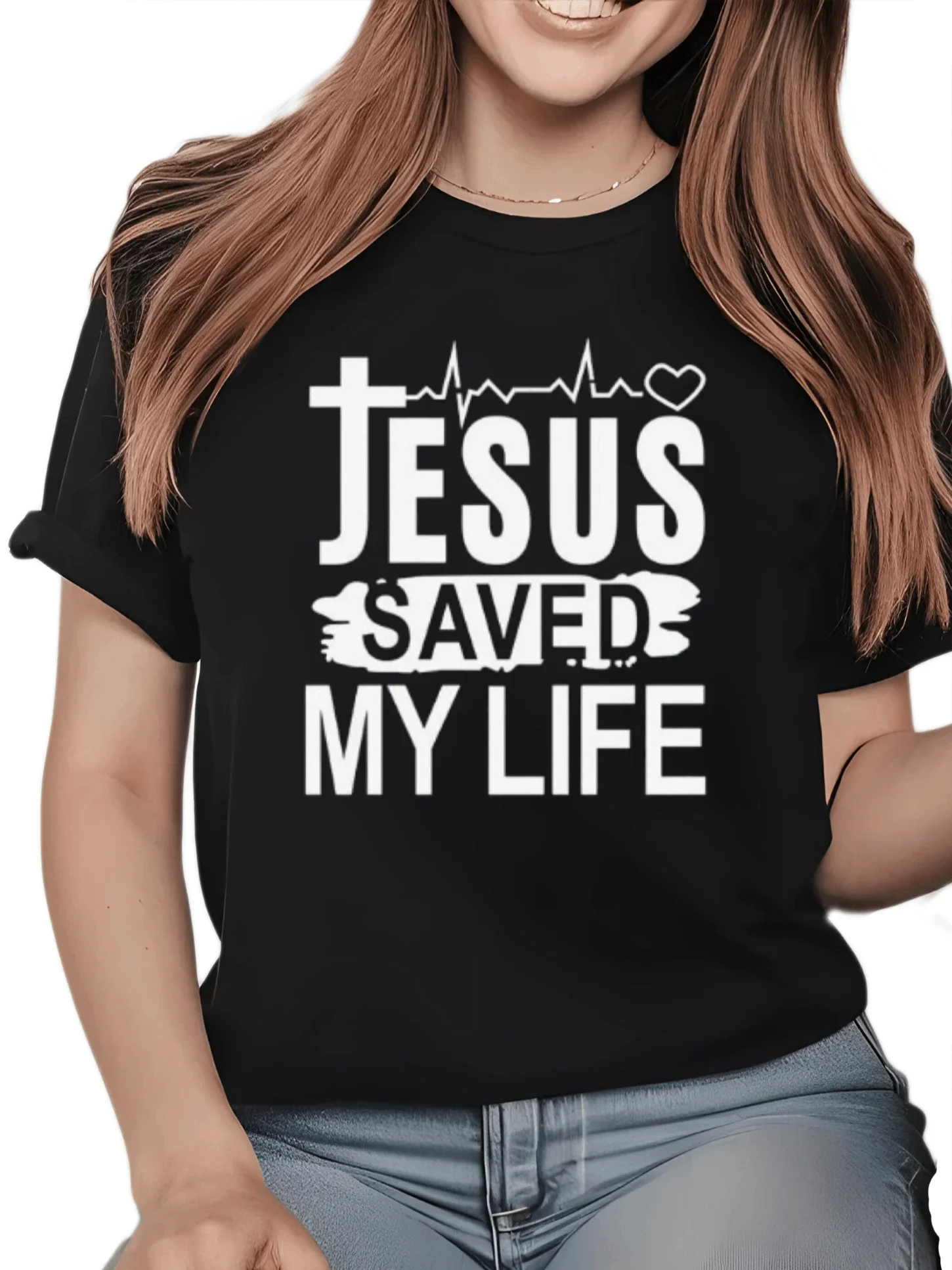 

Jesus Saved my life Women's Letter Print Round Neck Short Sleeve Pray On It Pray Over It Pray Through It Graphic Tees Women Tops