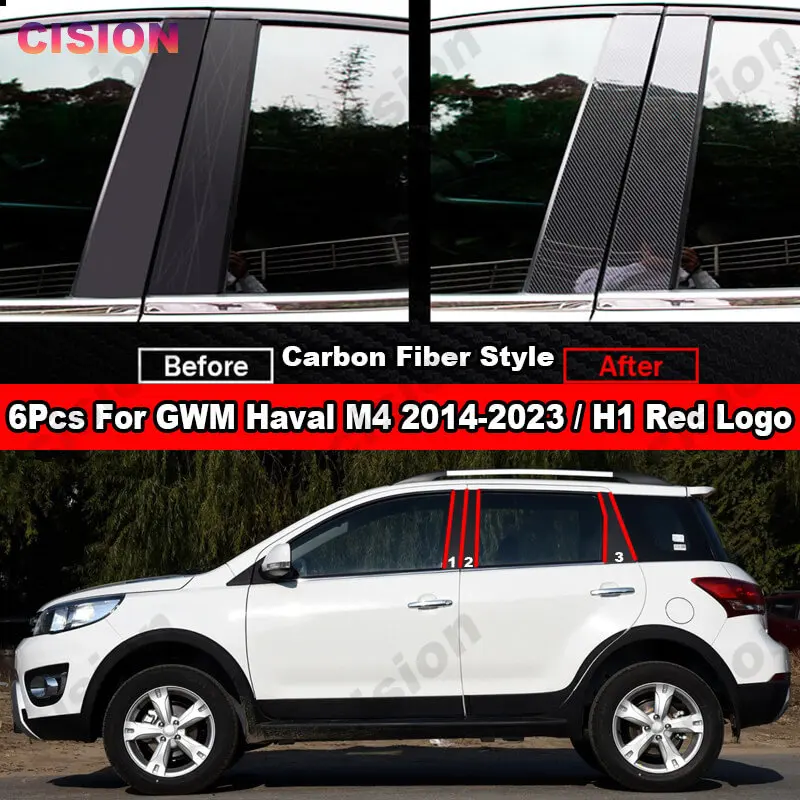 For GWM Haval M4 2014-2023 H1 Window Door Column B C Pillar Post Cover Trim Glossy Black Carbon Fiber Mirror Effect PC Sticker