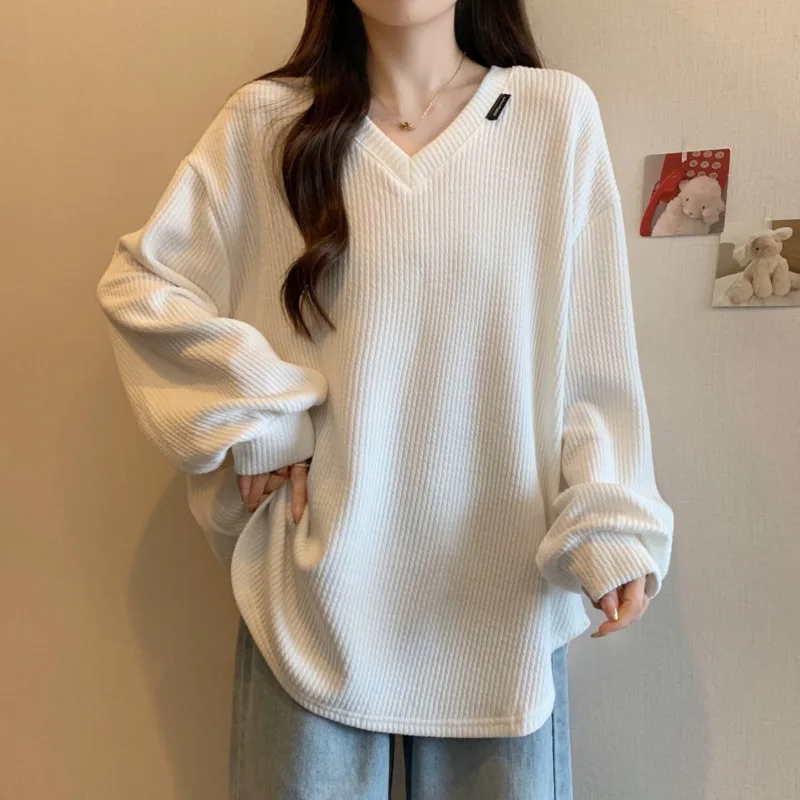 V-neck Tops Long Sleeve Hoodies Casual Loose Pit Striped Women's Casual Bottoming Sweatshirt Solid Bottoming Clothes