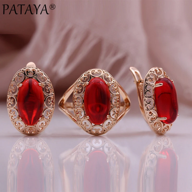 PATAYA New Oval Red Natural Zircon Earrings Ring Set 585 Rose Gold Color Fashion Women Jewelry Creative Wedding Party Set