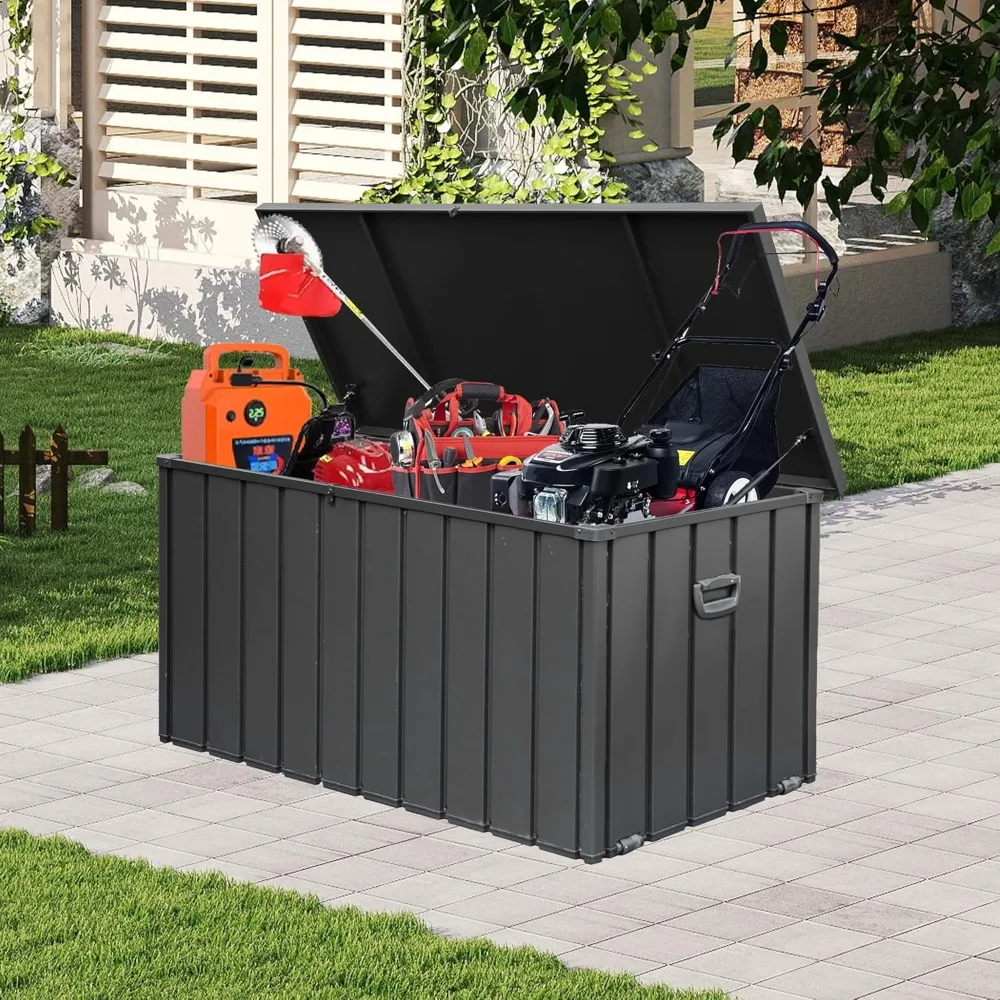

100 Gallon Deck Box, Outdoor Metal Lockable Storage Cabinet, Waterproof Steel Outdoor Bench with Lockable Lid, Side Handles