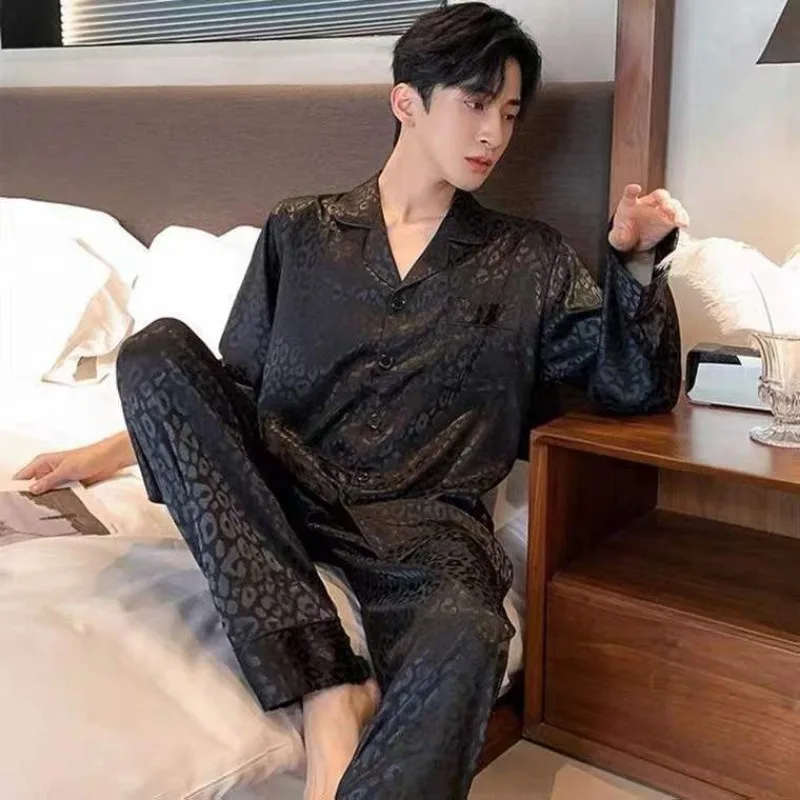 Pajamas men Spring and Autumn Long sleeve Thin ice silk Large size Spring and summer Leopard print cardigan loungewear two-piece