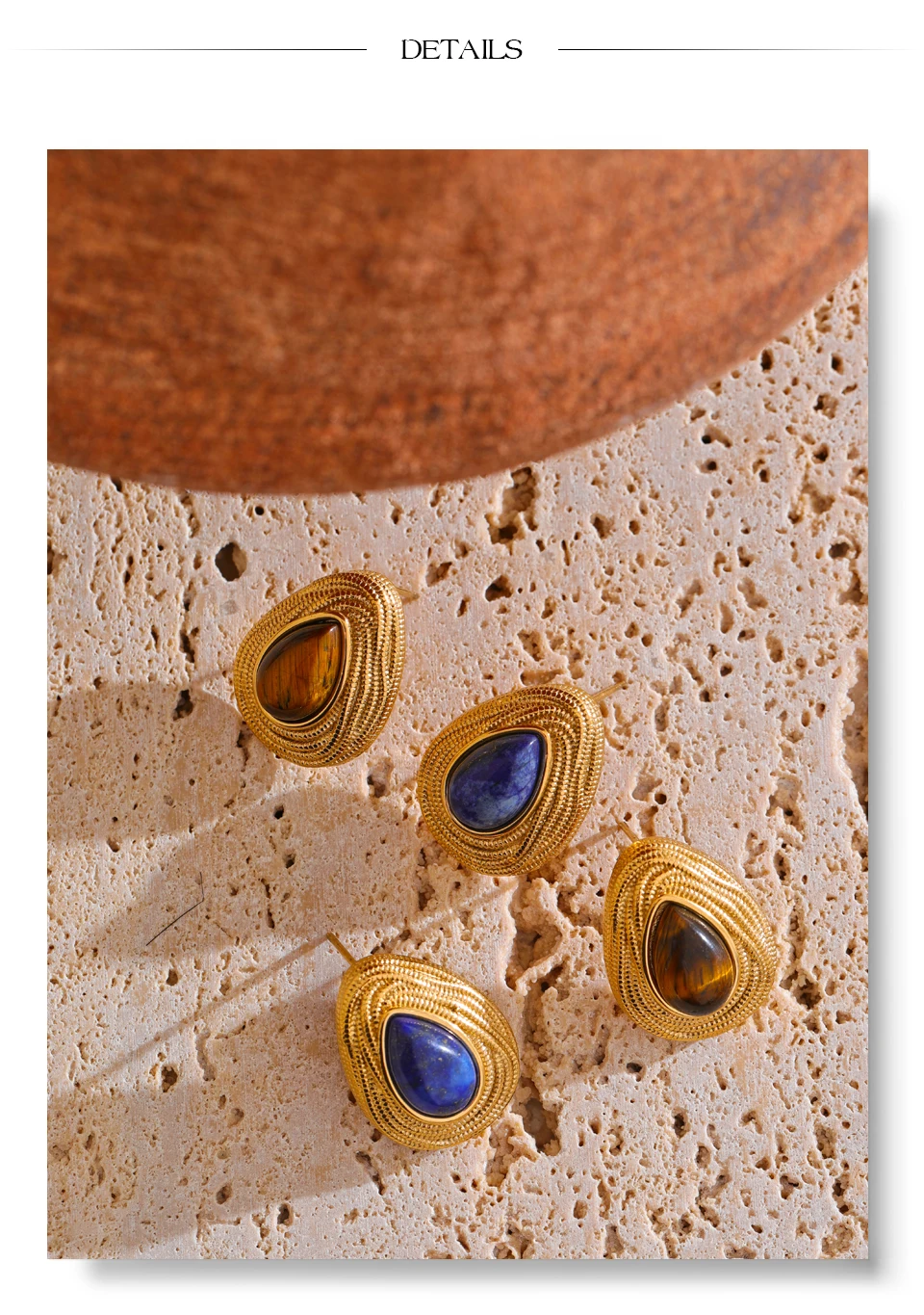 Yhpup Wassertropfen Naturstein Mode Geometrisch Täglich Ohrstecker Vintage Tiger Lapislazuli Charm Schmuck Gold Farbe PVD – Detail 15